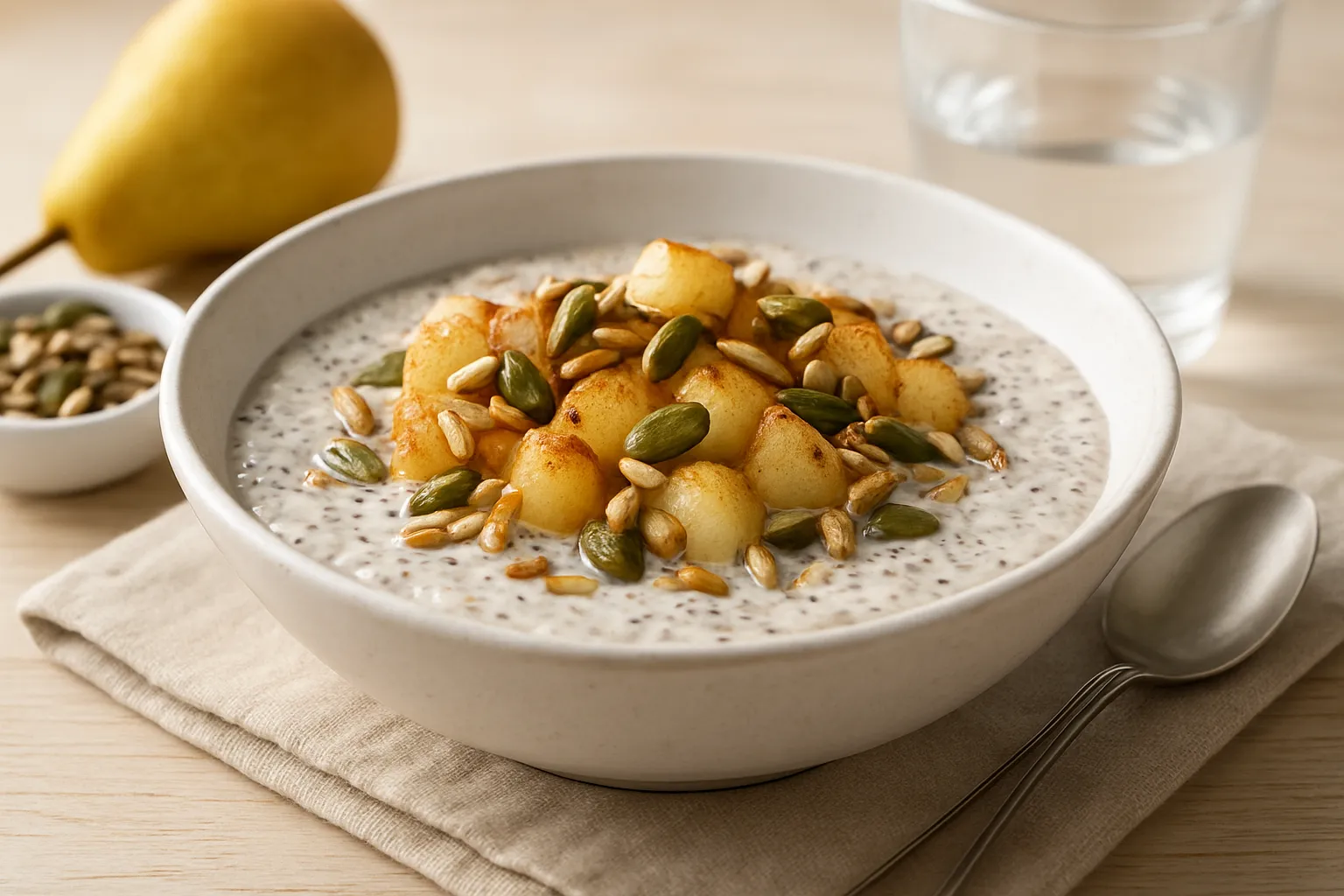 Warm Pear & Coconut Chia with Toasted Seeds