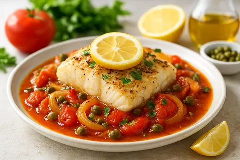 Greek Baked Cod Plaki with Capers, Tomatoes and Lemon