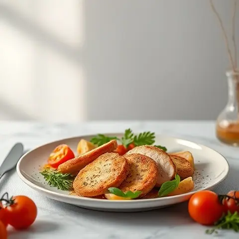 Fennel Crusted Turkey Cutlets with Tomato Onion Infused Oil
