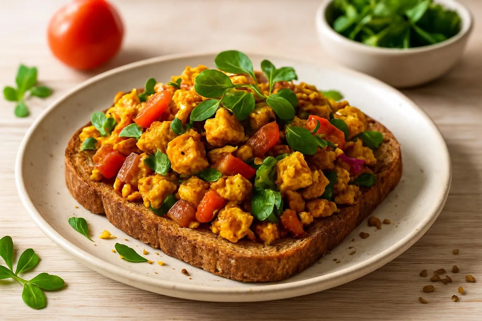 Spiced Paneer Scramble with Fenugreek & Tomato on Whole-Grain Toast
