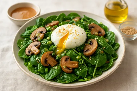Warm Spinach, Mushroom & Poached Egg Salad with Miso Dressing