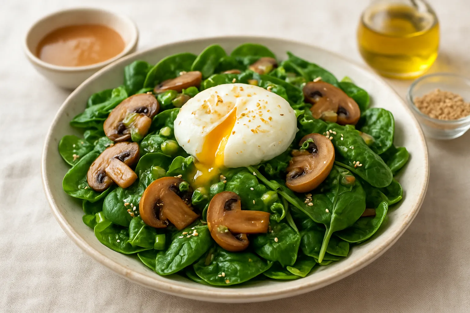 Warm Spinach, Mushroom & Poached Egg Salad with Miso Dressing