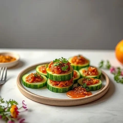 Kimchi-Stuffed Cucumber Coins with Sesame-Free Crunch