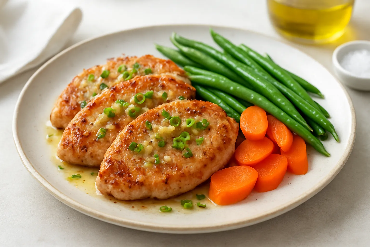 Ginger-Scallion Turkey Cutlets with Steamed Green Beans & Carrot