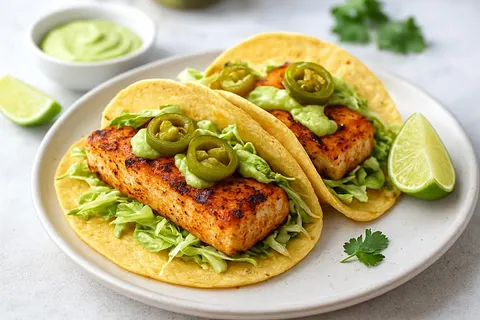 Baja-Style Grilled Mahi-Mahi Tacos with Avocado Crema and Pickled Jalapeño