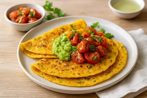 Spiced Besan Chilla with Avocado & Roasted Tomato Salsa