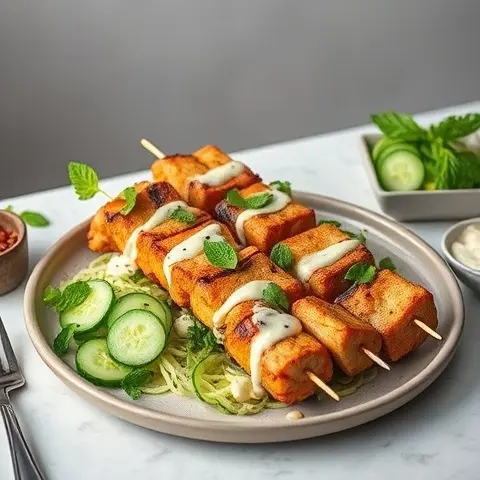 Grilled Turkey Kebabs with Mint-Yogurt Drizzle and Cucumber Salad