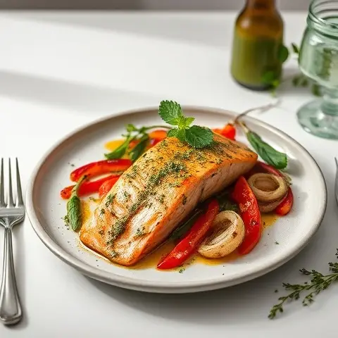 Chimichurri Salmon with Charred Peppers and Onions