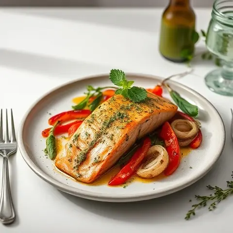 Chimichurri Salmon with Charred Peppers and Onions