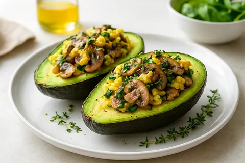 Mushroom and Thyme Scramble in Avocado Halves