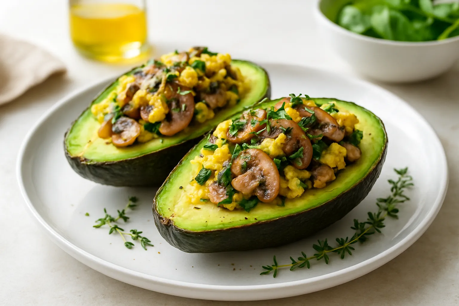 Mushroom and Thyme Scramble in Avocado Halves
