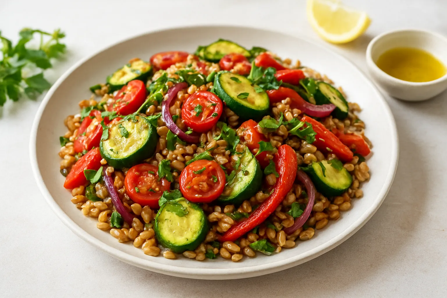 Warm Farro & Roasted Vegetable Salad with Herbs