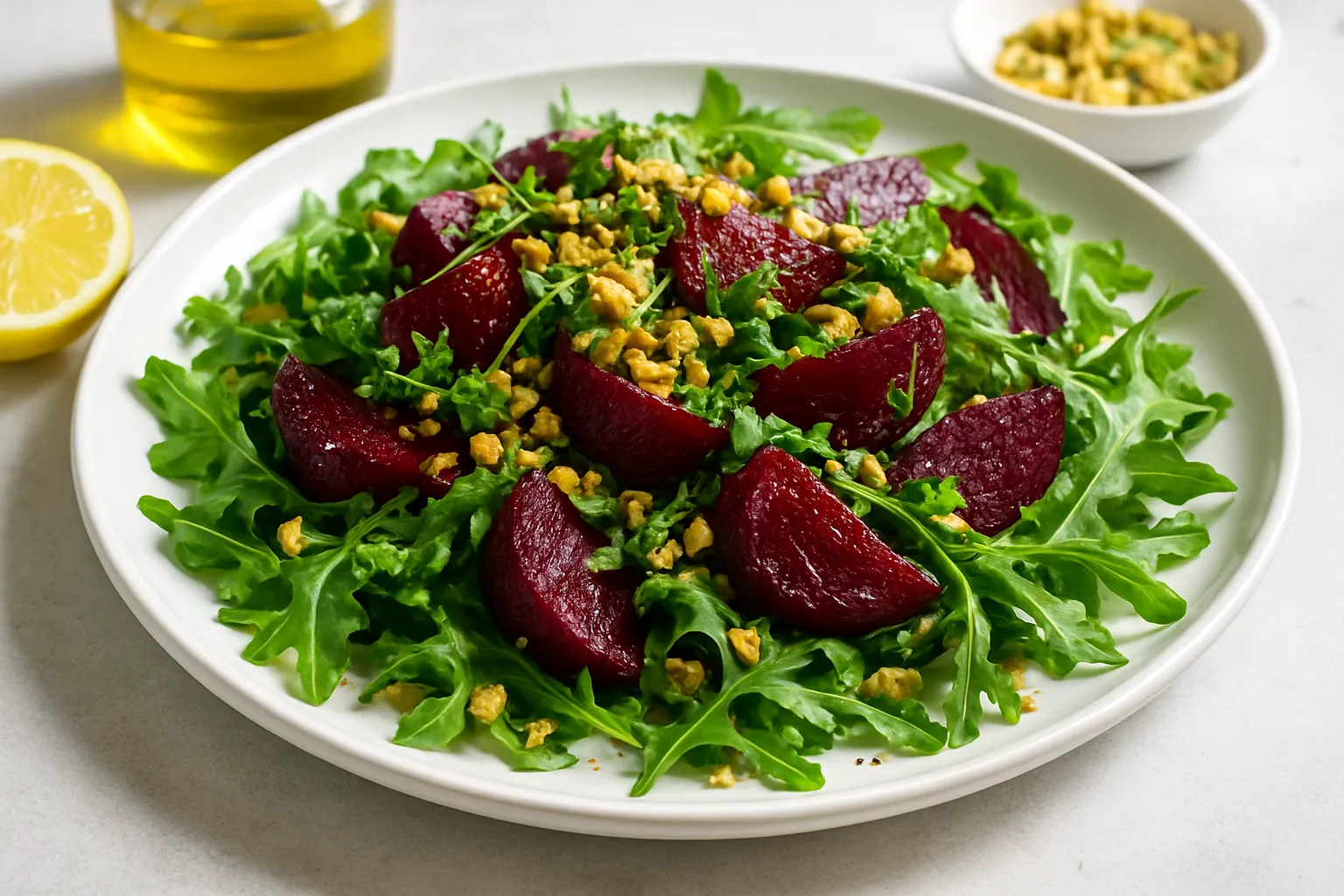 Roasted Beet and Arugula Salad with Pistachio Crumble