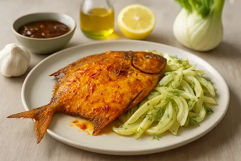 Saffron-Tamarind Baked Pomfret with Warm Fennel Salad