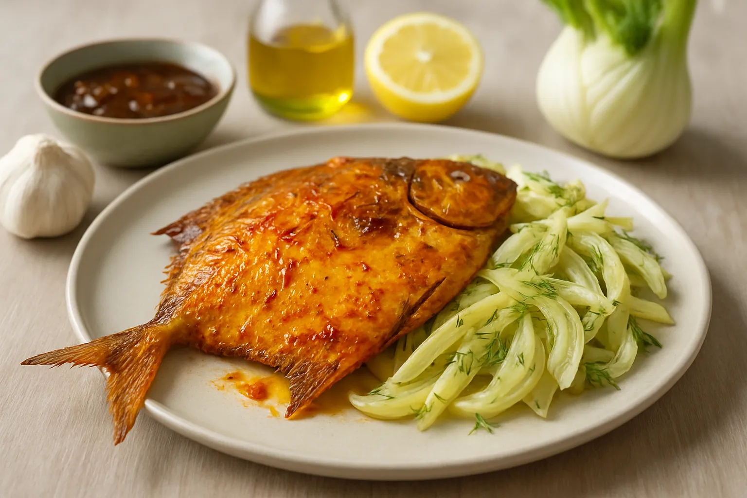 Saffron-Tamarind Baked Pomfret with Warm Fennel Salad