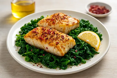 Clove-Rose Marinated Baked Cod with Sautéed Greens