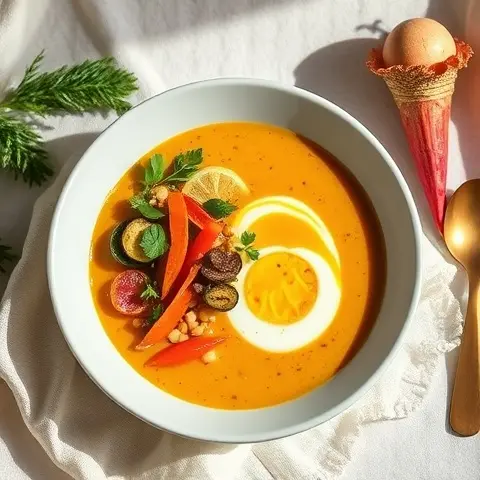Ginger-Turmeric Vegetable Soup with Soft-Boiled Egg