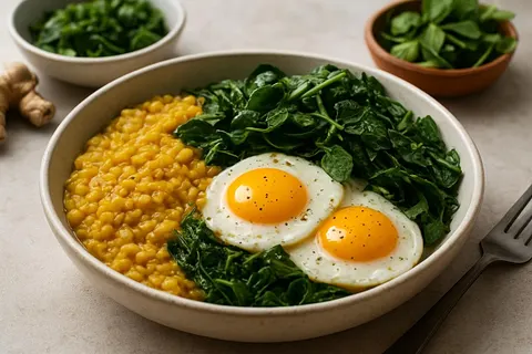 Spiced Moong Dal & Egg Breakfast Bowl with Sautéed Fenugreek Greens
