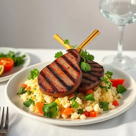 Grilled Lamb Chop Salad over Cauliflower Tabbouleh