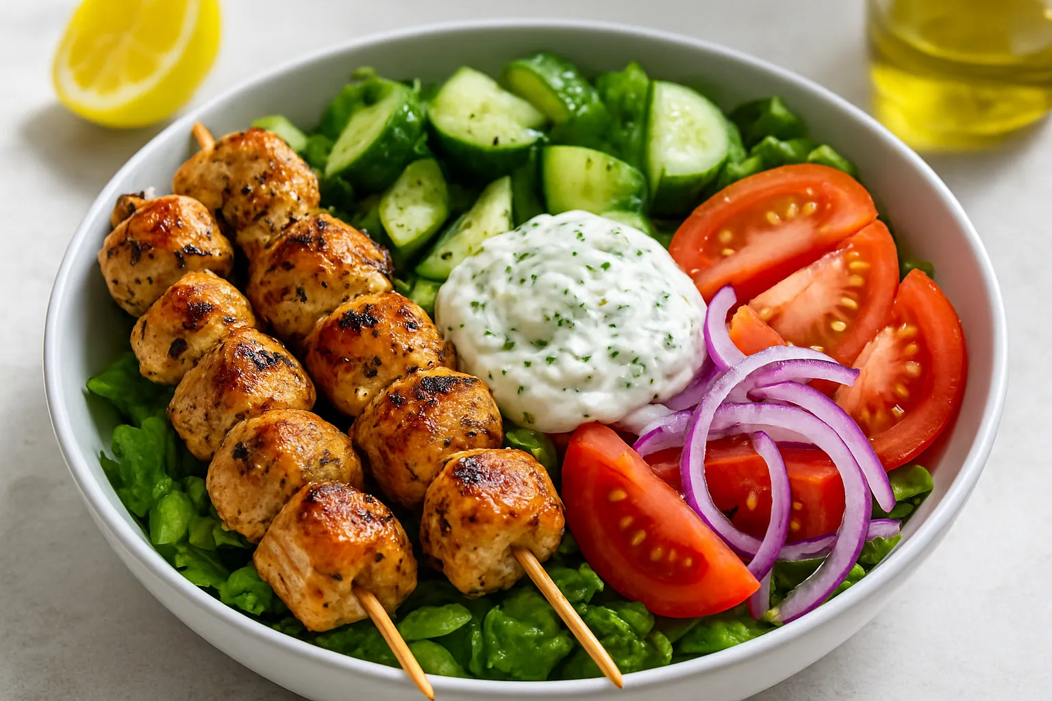 Greek Chicken Souvlaki Salad Bowl with Tzatziki