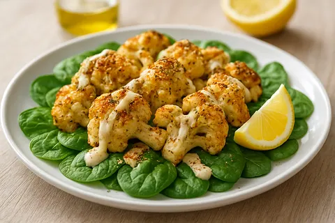 Roasted Cauliflower with Tahini, Lemon, and Za’atar over Spinach