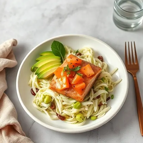 Salmon Avocado Poke Bowl on Shredded Cabbage