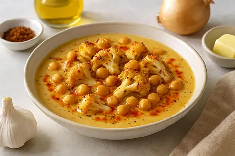 Anatolian Kavrulmuş Karnabahar Çorbası with Chickpeas, Cumin and Paprika-Butter Drizzle