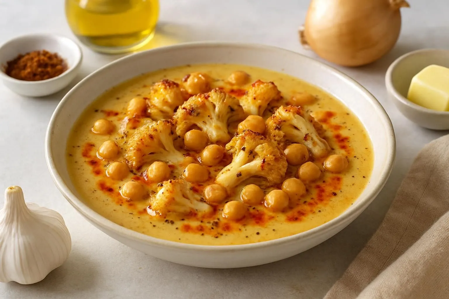 Anatolian Kavrulmuş Karnabahar Çorbası with Chickpeas, Cumin and Paprika-Butter Drizzle