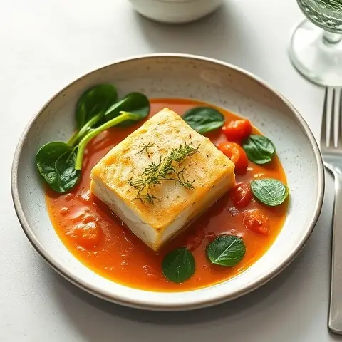 Turmeric-Tomato Poached Cod with Spinach