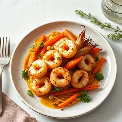 Aromatic Rose-Marinated Grilled Calamari with Warm Carrot & Turmeric Salad